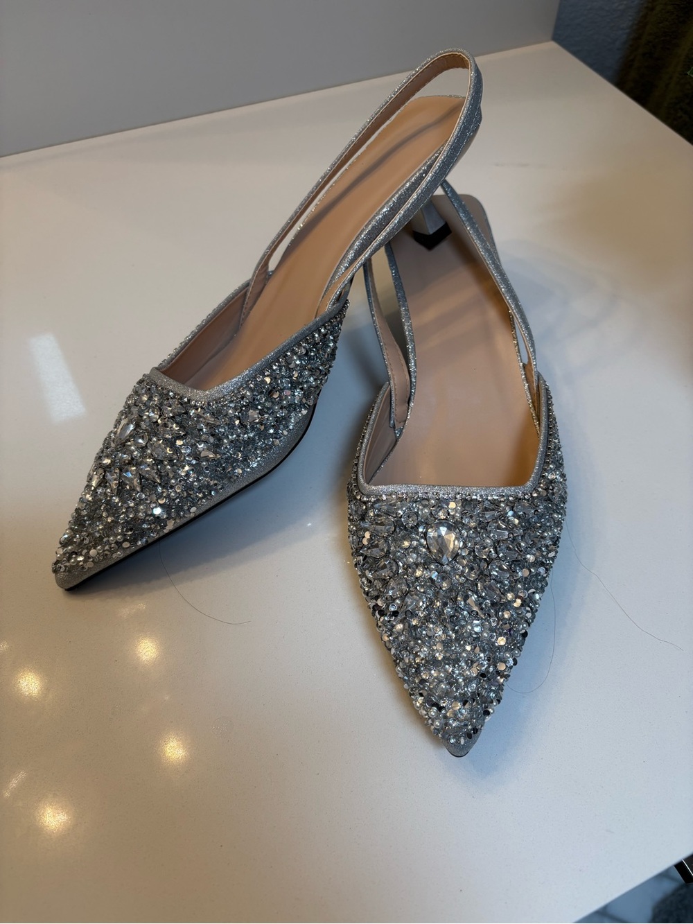 Sparkling Silver Crystal Embellished Slingback low Heels comfortable and cute